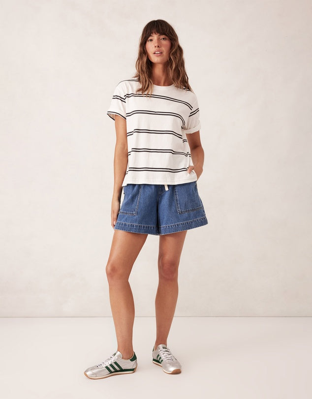 Ceres Slouchy Split Hem Tee/Vanilla/Phantom Double Stripe