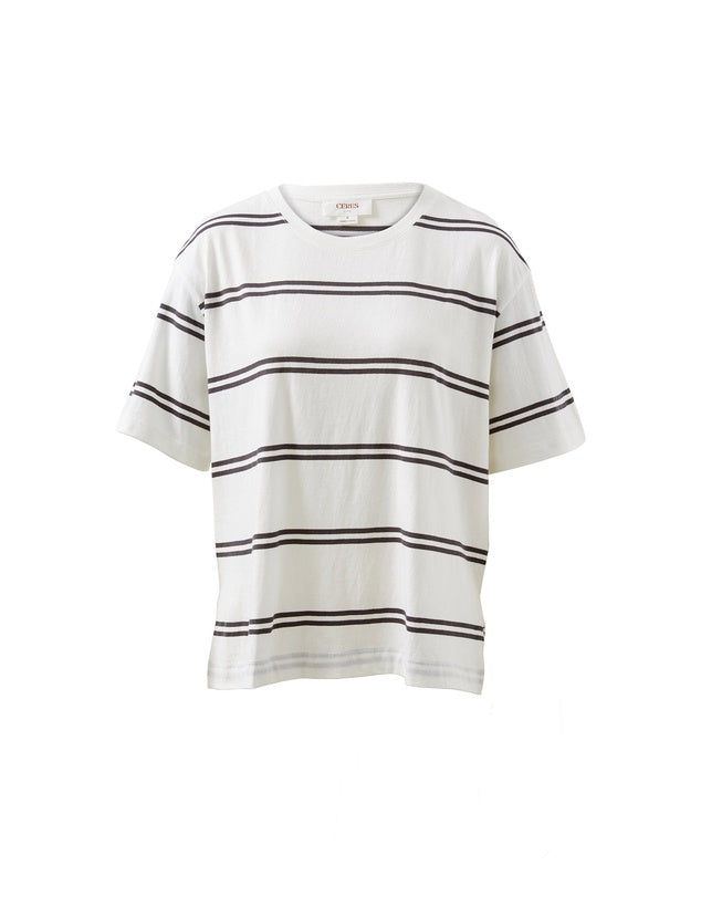 Ceres Slouchy Split Hem Tee/Vanilla/Phantom Double Stripe