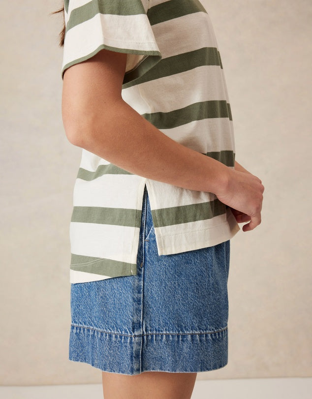 Ceres Slouchy Split Hem Tee/Eggshell/Moss Green Bold Stripe