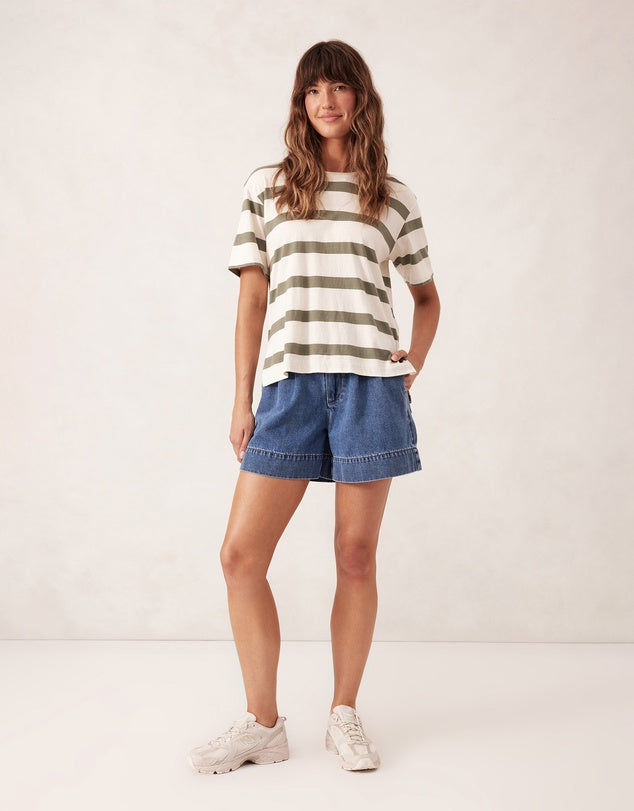 Ceres Slouchy Split Hem Tee/Eggshell/Moss Green Bold Stripe