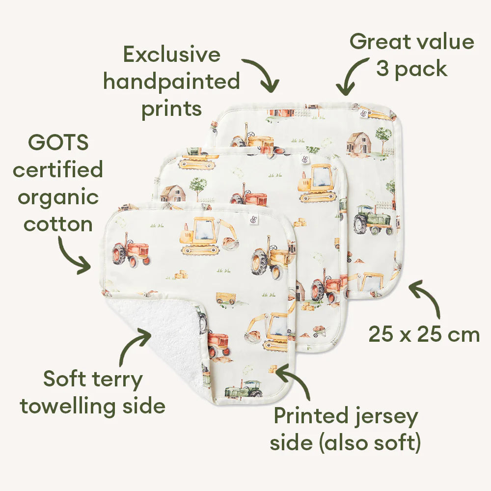 Snuggle Hunny Diggers and Tractors Organic Wash Cloths 3 Pack