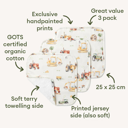 Snuggle Hunny Diggers and Tractors Organic Wash Cloths 3 Pack
