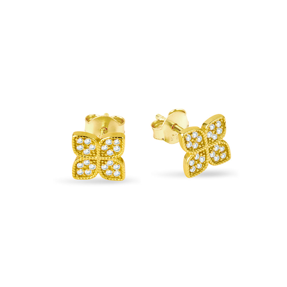 Sterling Silver Micro Pave Flower Gold Stud