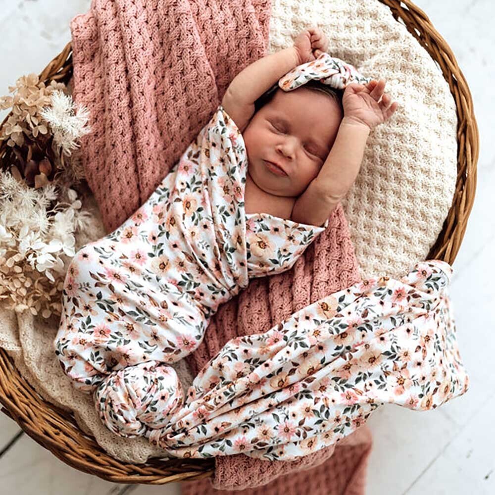 Snuggle Hunny Organic Jersey Wrap + Topknot Set Spring Floral