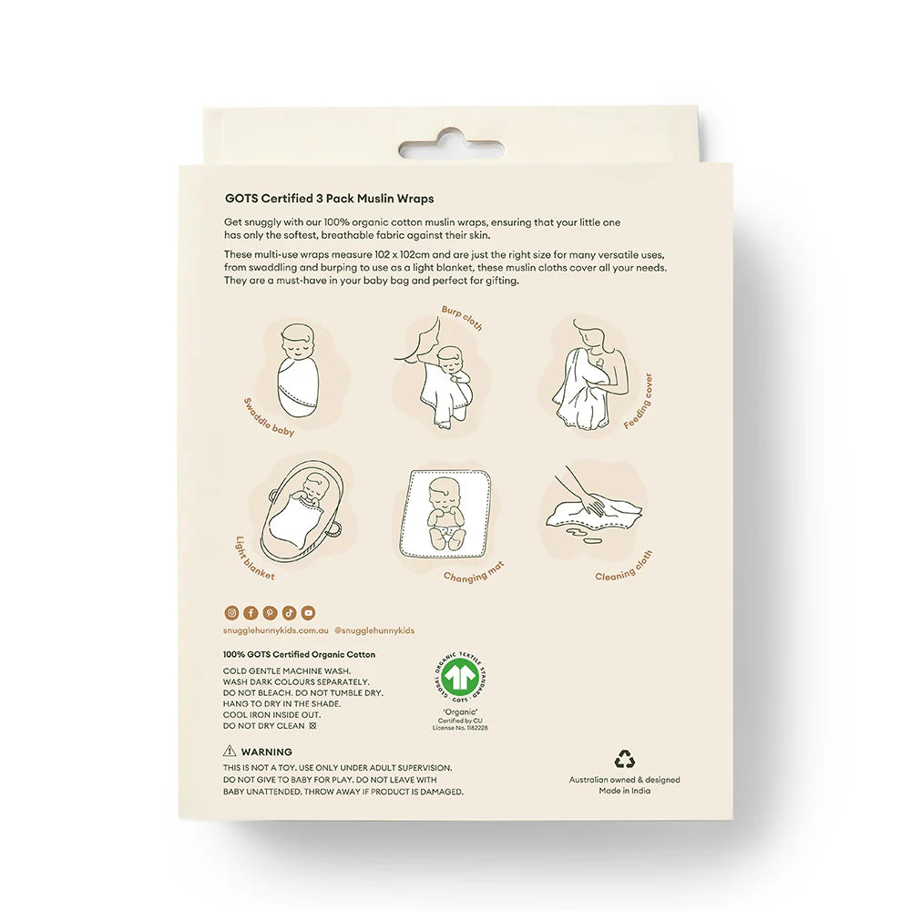 Snuggle Hunny Large Organic Muslin Wraps 3 Pack Diggers
