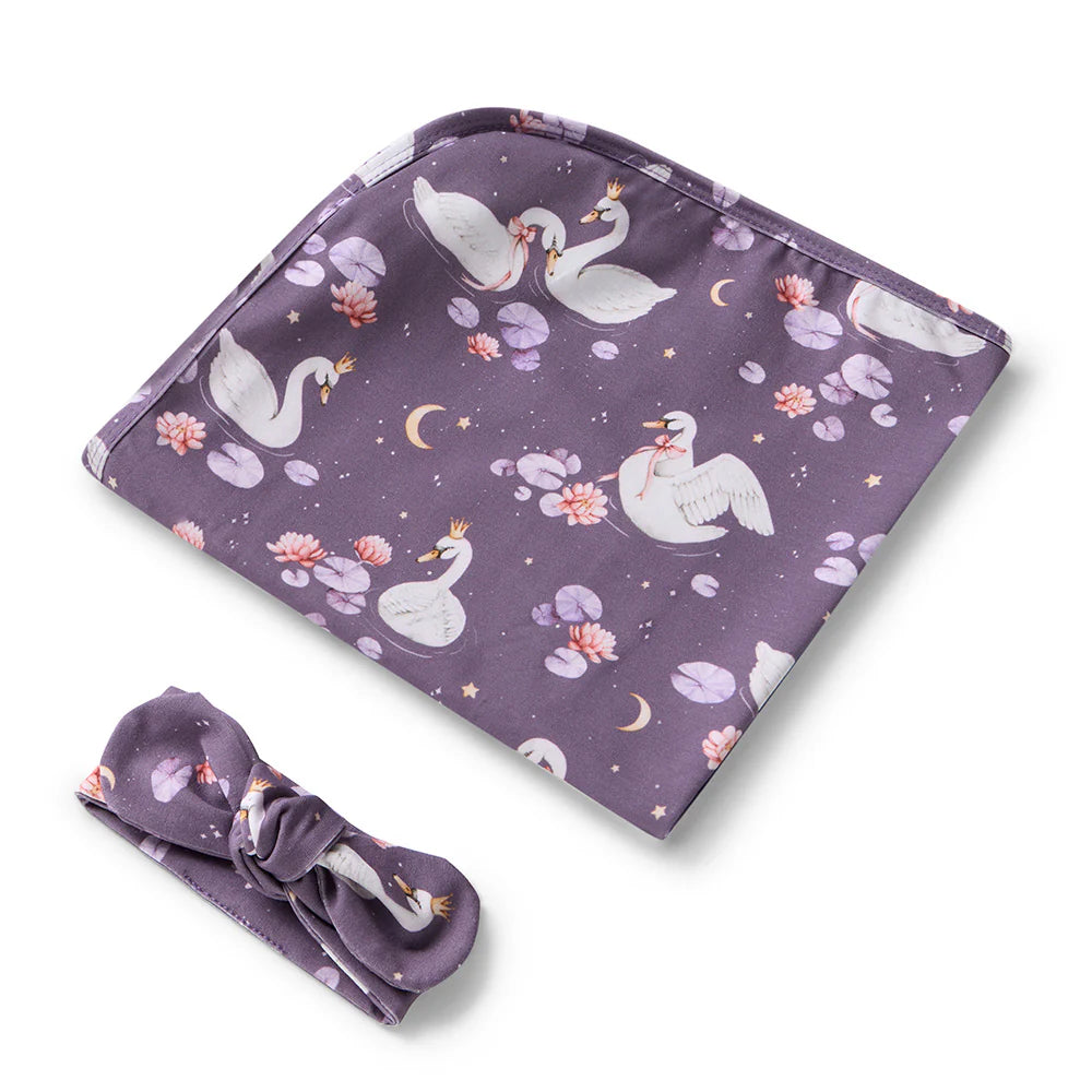 Snuggle Hunny Organic Jersey Wrap + Topknot Set Midnight Swan