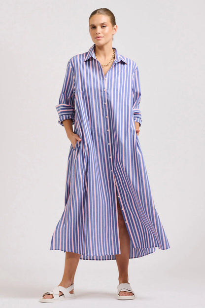 Shirty The Luna Oversized Linen Long Shirtdress  Chambray Pink Stripe