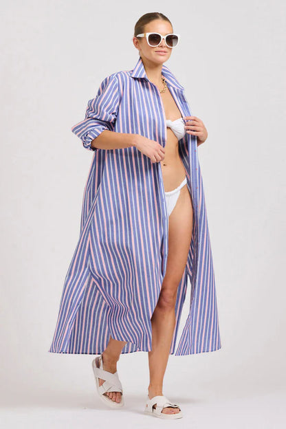 Shirty The Luna Oversized Linen Long Shirtdress  Chambray Pink Stripe