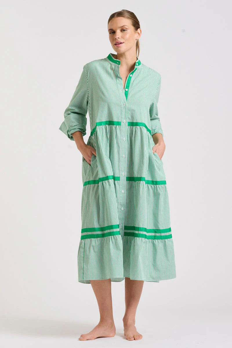 The Sandy tiered Dress Green Stripe