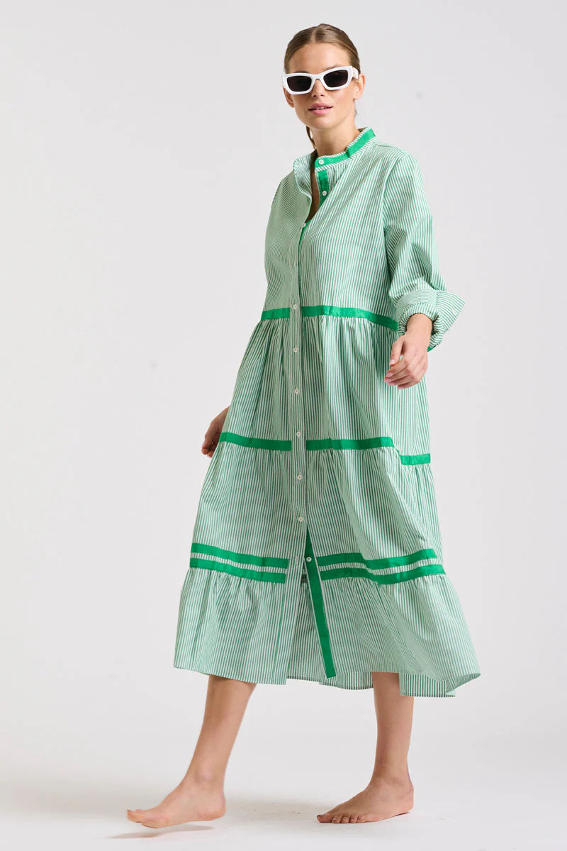 The Sandy tiered Dress Green Stripe