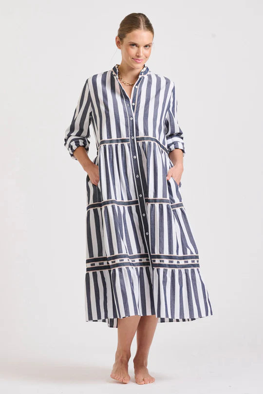 The Sandy Tiered Dress Navy Wide Stripe