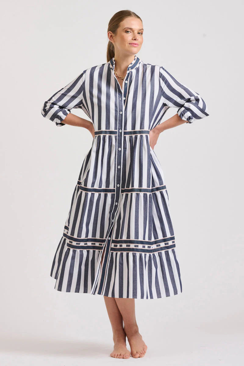 The Sandy Tiered Dress Navy Wide Stripe