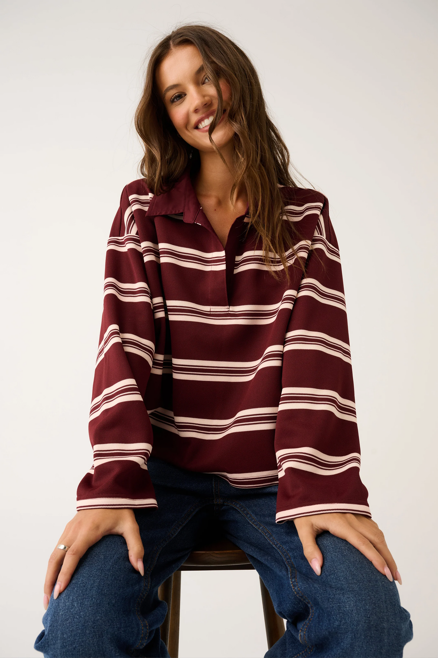 Cartel &amp; Willow Freddie Rugby Top Burgundy Stripe