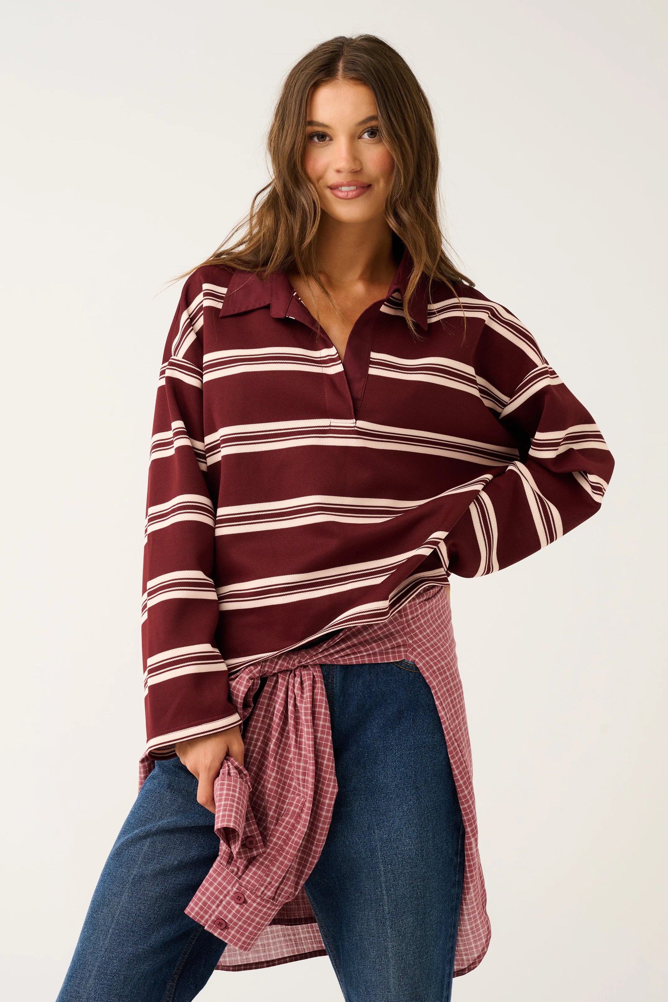 Cartel &amp; Willow Freddie Rugby Top Burgundy Stripe