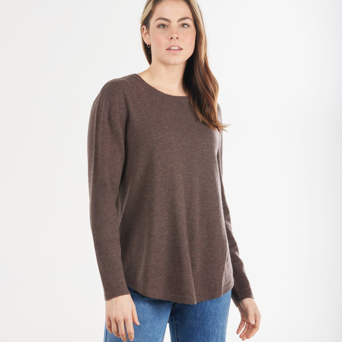 Bridge &amp; Lord Crew Neck Pullover With Pleat Down Centre Back Coffee