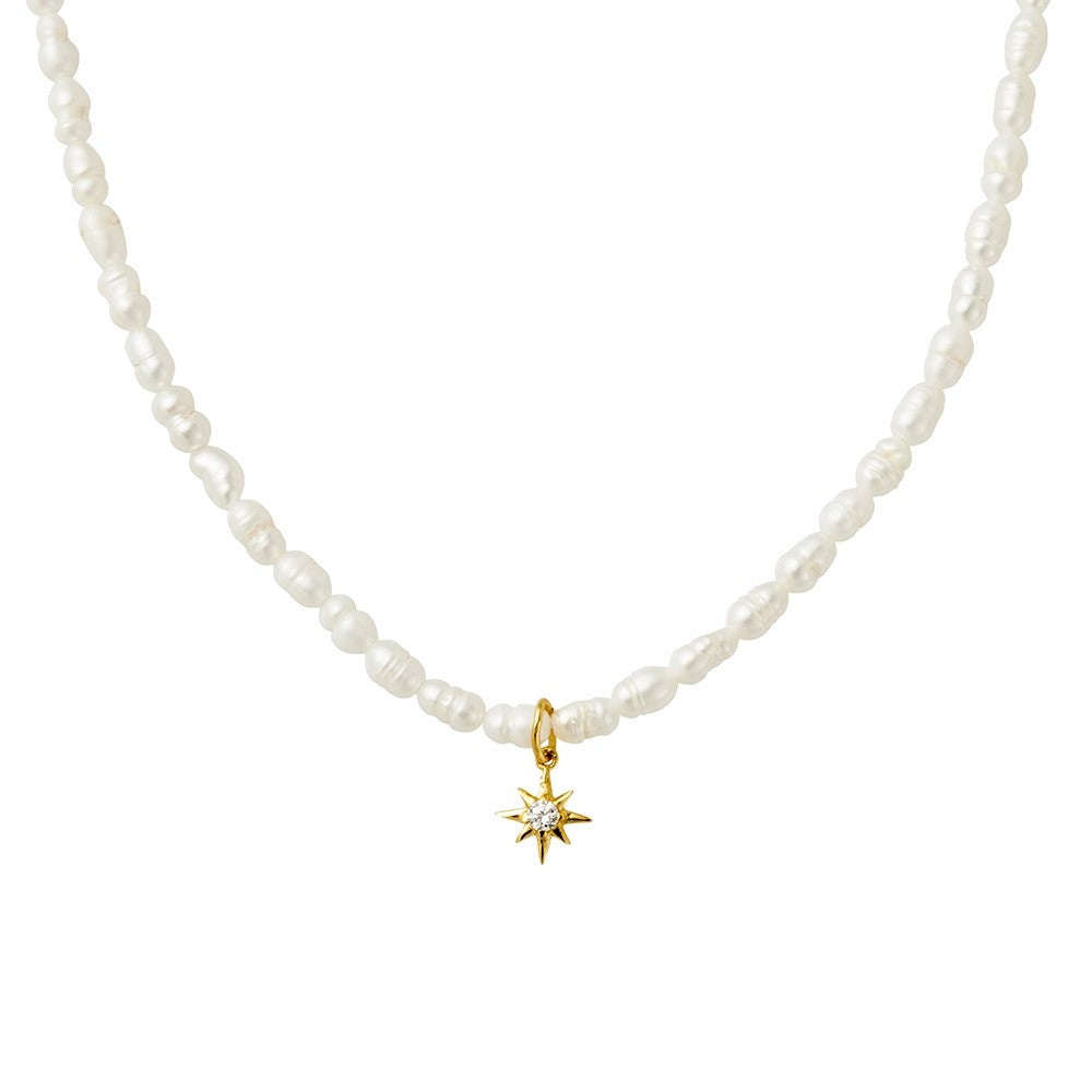 Sterling Silver Rice Pearl Short Necklace With Gold Plated North Star CZ Pendant